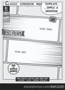Comic book style template. Free space Comic book page template. Comics layout and action with speed lines, halftone background and other elements.