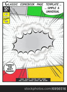 Comic book style template. Free space Comic book page template. Comics speech bubble with speed lines and 3D explosion.