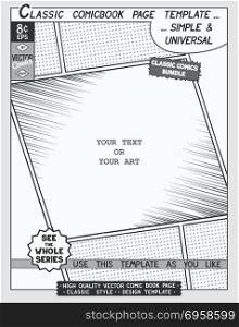 Comic book style template. Free space Comic book page template. Comics layout and action with speed lines, halftone background and other elements.