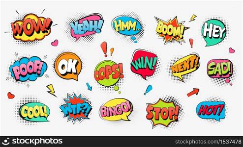 Comic book text speech bubbles. Funny explosive cloud banners with shouts warnings stylish comic design communication chat collection of multicolored cheerful dialogues art speech vector expression.. Comic book text speech bubbles. Funny explosive cloud banners with shouts warnings stylish comic design.