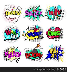 Comic book texts. Vector cartoon comics art speech bubbles and action blasts with text wow and ooops, sale and hello isolated on white background. Comic book texts speech bubbles