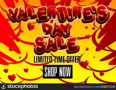 Comic book Valentine s Day sale poster template. Comic effects in pop art style. Vector illustration.  Love themed fashion sale social media post design.