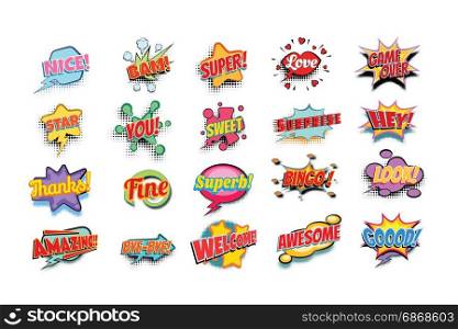 comic book words set. nice bam super love game over star you sweet surprise hey thanks fine superb bingo look amazing bye welcome awesome good. Pop art retro vector illustration. comic book words set