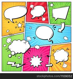 Comic books dialog bubbles. Cartoon book superhero scrapbook page template, empty comical speech clouds, graphic art frame vector layout template illustration. Pop art background with blank balloons. Comic books dialog bubbles. Cartoon book superhero scrapbook page template, empty comical speech clouds, graphic art frame vector layout template illustration. Pop art background with empty balloons