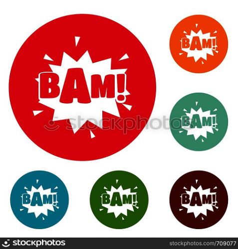 Comic boom bam icons circle set vector isolated on white background. Comic boom bam icons circle set vector