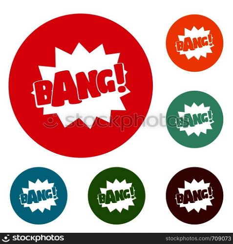 Comic boom bang icons circle set vector isolated on white background. Comic boom bang icons circle set vector