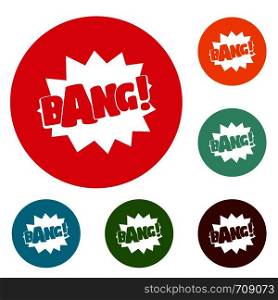 Comic boom bang icons circle set vector isolated on white background. Comic boom bang icons circle set vector