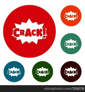 Comic boom crack icons circle set vector isolated on white background. Comic boom crack icons circle set vector