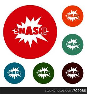 Comic boom smash icons circle set vector isolated on white background. Comic boom smash icons circle set vector