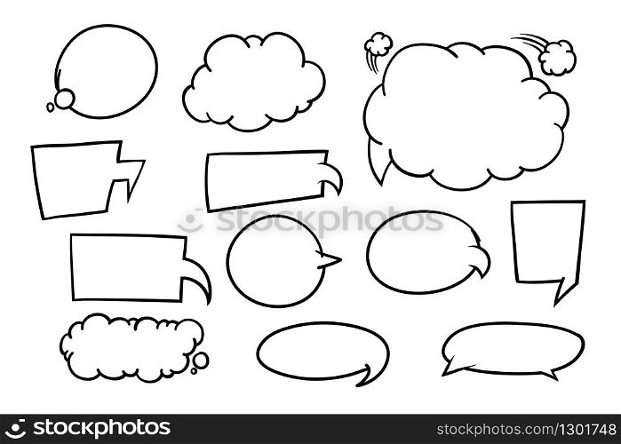 Comic bubble or balloon speech - blank black and white template for dialog, emotion, ejaculate or wording. Hand drawn vector illustration set. Available to edit layers.