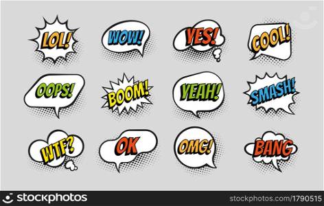 Comic bubble. Pop style communication balloons. Dialog elements with text and graphic art. Boom and Oops effects. Wow or Yeah funny cartoon reaction frames. Vector conversation expression symbols set. Comic bubble. Pop style communication balloons. Dialog elements with text and graphic art. Boom and Oops effects. Wow or Yeah funny cartoon reactions. Vector expression symbols set