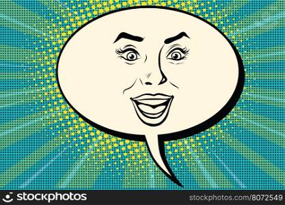 Comic bubble smiley joyful female face, pop art retro vector illustration. Human emotions