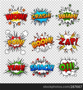 Comic bubbles. Funny comics words in speech bubble frames. Wow oops bang zap thinking clouds. Expression balloons vector set. Comic bubbles. Funny comics words in speech bubble frames. Wow oops bang zap thinking clouds. Expression balloons set