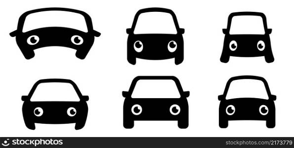 Comic, cartoon car with big eyes. Cars and smile eye. Vehicle sign. Sad, angry, evil or happy car. Automobile mascot, emoticon for garage and service motorcar logo. smiling face, unhappy faces