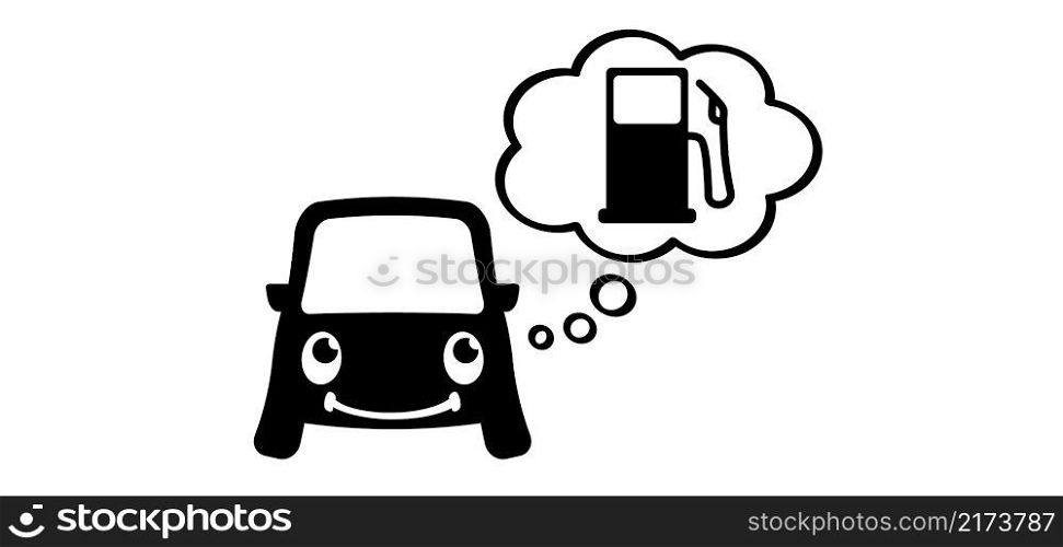 Comic, cartoon car with eyes, thinking about fuel or filling gas station. For car fill location. Automobile mascot, emoticon for garage and service motorcar logo. smiling cars face, unhappy faces.