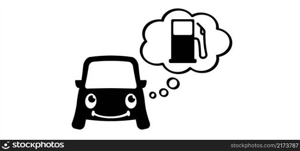 Comic, cartoon car with eyes, thinking about fuel or filling gas station. For car fill location. Automobile mascot, emoticon for garage and service motorcar logo. smiling cars face, unhappy faces.