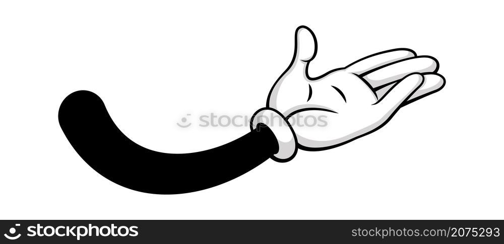Comic cartoon hand with open palm in white gloves. Body hand gesturing, etiquette comical plam arm. Vector illustration. Comic cartoon hand with open palm in white gloves