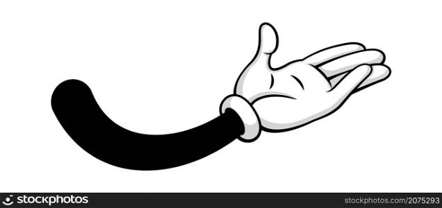 Comic cartoon hand with open palm in white gloves. Body hand gesturing, etiquette comical plam arm. Vector illustration. Comic cartoon hand with open palm in white gloves