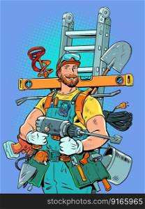 Comic cartoon pop art retro vector illustration hand drawing. A man with red hair and a beard organizes his household and work affairs, where he uses many tools. The worker is ready to perform any task related to the repair.