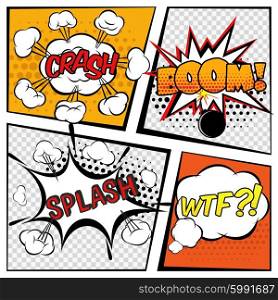 Comic cartoons book page with boom and explosion signs set vector illustration. Comic Boom Set