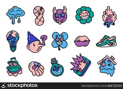 Comic character stickers. Abstract psychedelic cartoon retro sticker collection, badges with funny faces. Vector set illustrations design elements symbol. Comic character stickers. Abstract psychedelic cartoon retro sticker collection, badges with funny faces. Vector set