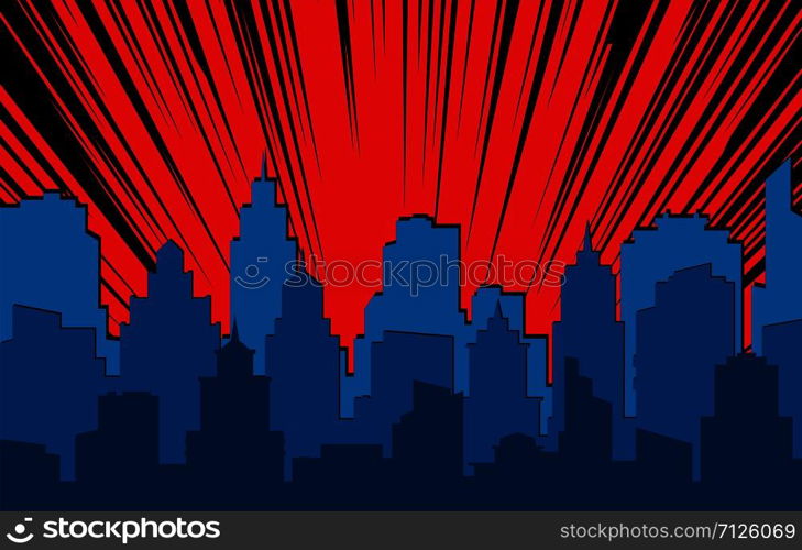 Comic cityscape. Retro urban silhouette of city buildings for art book comics with light effects vector scene super hero dramatic skyline background. Comic cityscape. Retro urban silhouette of city buildings for art book comics with light effects vector scene background