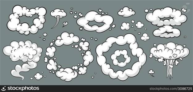Comic cloud or smoke, cartoon vector motion effects, and explosions isolated on gray background. Vector illustration. Comic cloud or smoke, cartoon vector motion effects, and explosions
