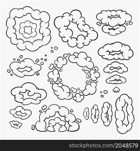 Comic clouds, cartoon vector clouds in line style isolated on light background. Vector illustration. Comic clouds, cartoon vector clouds in line style isolated on light background.