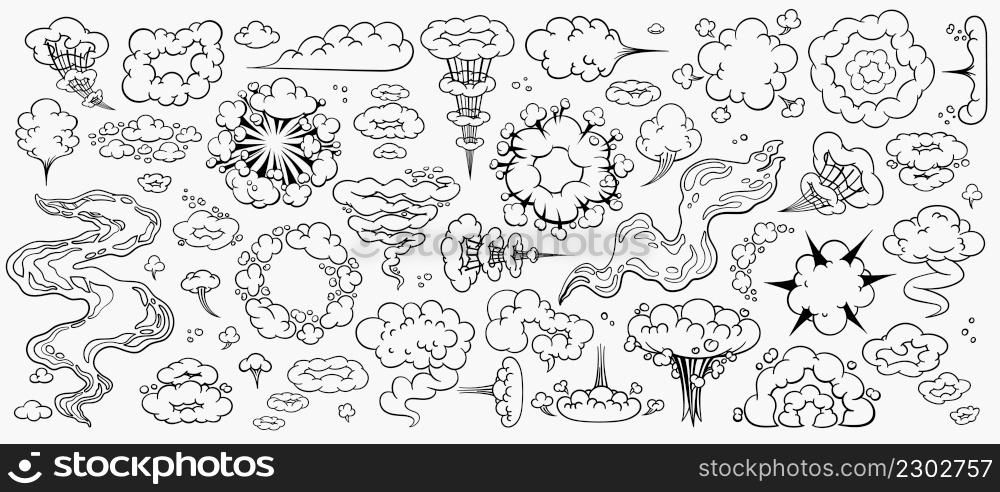 Comic clouds set, cartoon vector clouds in line style isolated on light background. Vector illustration. Comic clouds, cartoon vector clouds in line style isolated on light background.