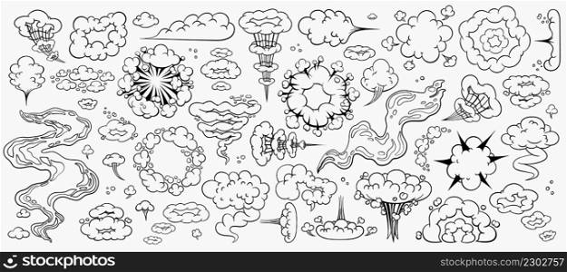 Comic clouds set, cartoon vector clouds in line style isolated on light background. Vector illustration. Comic clouds, cartoon vector clouds in line style isolated on light background.