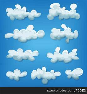 Comic Clouds Set. Illustration of a cartoon set of funny clouds and smoke shapes, on blue sky background