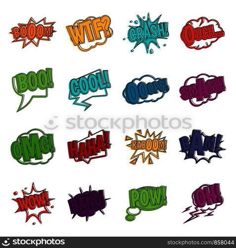 Comic colored sound icons set. Doodle illustration of vector icons isolated on white background for any web design. Comic colored sound icons doodle set