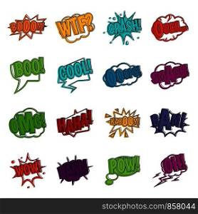 Comic colored sound icons set. Doodle illustration of vector icons isolated on white background for any web design. Comic colored sound icons doodle set