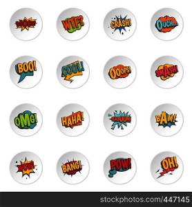 Comic colored sound icons set in flat style isolated vector icons set illustration. Comic colored sound icons set in flat style