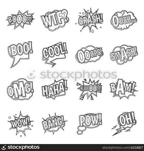 Comic colored sound icons set. Outline illustration of 16 comic colored sound vector icons for web. Comic colored sound icons set, outline style