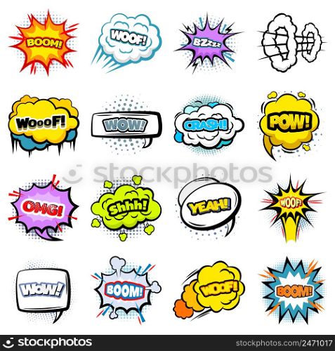 Comic colorful speech bubbles collection of different shapes with words expressions sound halftone and explosion effects isolated vector illustration. Comic Colorful Speech Bubbles Collection