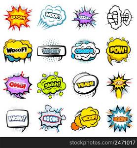 Comic colorful speech bubbles collection of different shapes with words expressions sound halftone and explosion effects isolated vector illustration. Comic Colorful Speech Bubbles Collection