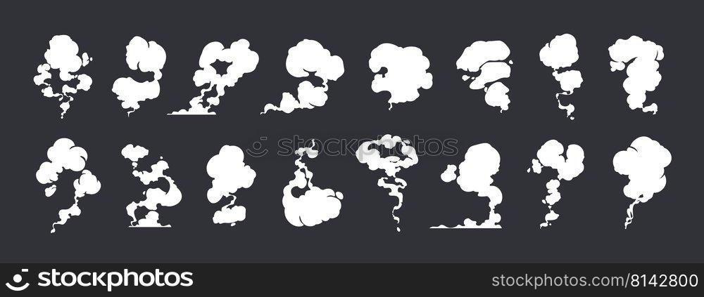 Comic dust effect. Cartoon smoke and steam trails sprite animation, cloud fume and puff motion game asset. Vector coffee vapor and explosion silhouette collection. Swirls and ring gas smog. Comic dust effect. Cartoon smoke and steam trails sprite animation, cloud fume and puff motion game asset. Vector coffee vapor and explosion silhouette collection