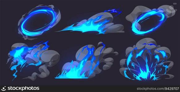 Comic effects with fire and smoke clouds of bomb blast, magic spell, explosion. 2d game vfx elements of burst with blue flame and smoke isolated on background, vector cartoon illustration. Comic effects with fire and smoke clouds