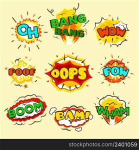 Comic explosion bubbles set on yellow background flat isolated vector illustration . Comic Explosion Bubbles Set