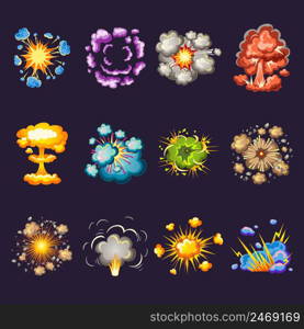 Comic explosions decorative icons set with blast waves circles of smoke on black background isolated vector illustration. Comic Explosions Decorative Icons Set