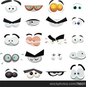 Comic Eyes Expression Set. Illustration of a set of funny cartoon human, animals, pets or creature's eyes with various expressions and emotions, from fear and anger to joy, happiness, sadness, surprise, sick and boring