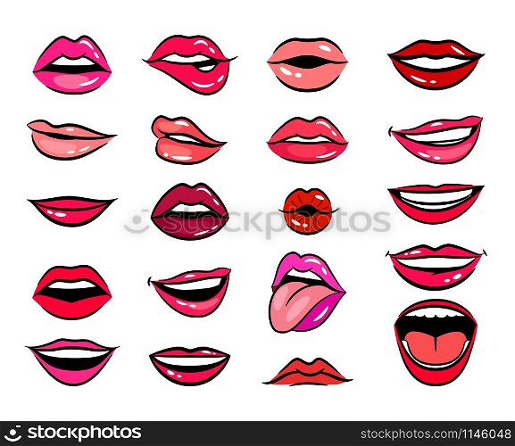 Comic female lips. Comic female lips in cartoon style, smile and sensual lips, kiss and tongue out closeup vector illustration isolated on white. Comic female lips set