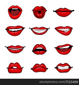 Comic female lips set. Smile, angry, kiss, flirt open and close mouth. Colorful vector illustration in pop art retro comic style.