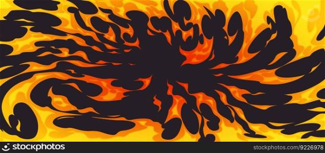 Comic fire on black background. Vector cartoon illustration of flame burning in orange yellow colors. Bomb explosion, wildfire perspective view, clouds of magic energy, tornado effect, dragon attack. Comic fire on black background