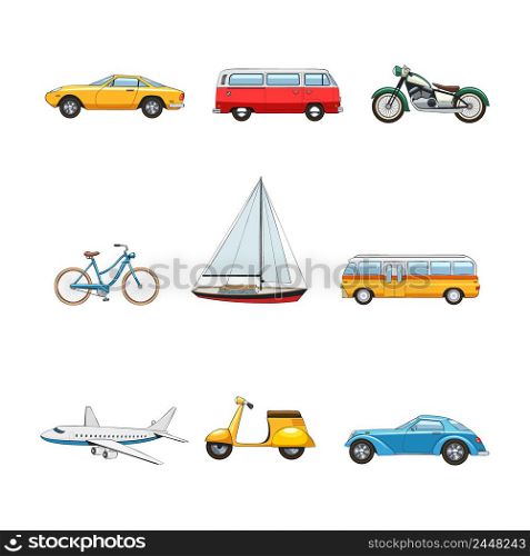 Comic flat transport images set of cars van motorcycle bicycle yacht bus airplane scooter isolated vector illustration. Comic Transport Set