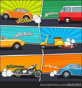 Comic Frames Transport. Transport comic frames with moving cars van motorcycle and scooter on colorful backgrounds flat vector illustration
