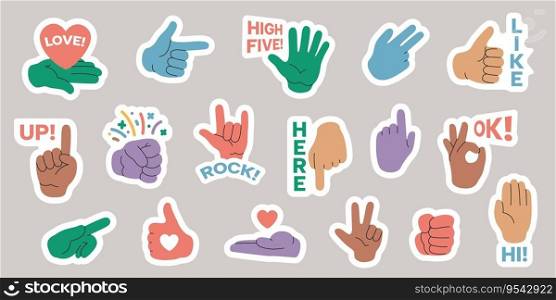 Comic hand stickers. Cute labels with hand expression and gestures, funny little fingers and palm badges, doodle hands of praise for planner. Vector set. Non verbal communication, body language. Comic hand stickers. Cute labels with hand expression and gestures, funny little fingers and palm badges, doodle hands of praise for planner. Vector set