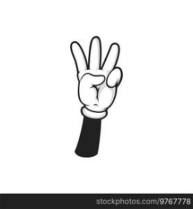 Comic hand with fingers gesture, cartoon arm showing three fingers up isolated count numbers nonverbal gesture. Vector three fingers raised up, counting down sign, signal to start, math education. Cartoon hand showing three fingers count gesture