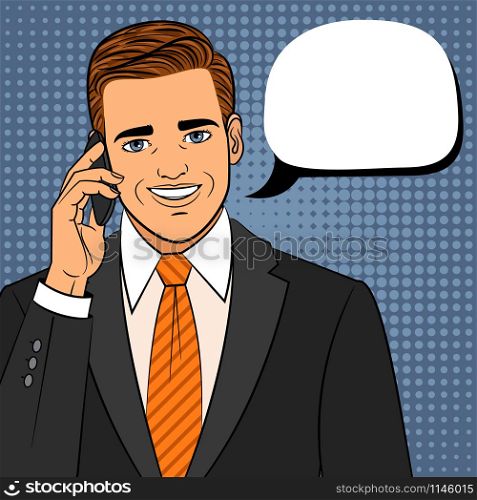 Comic man with phone. Retro pop art friendly person face with cellphone vector illustration. Pop art man with phone